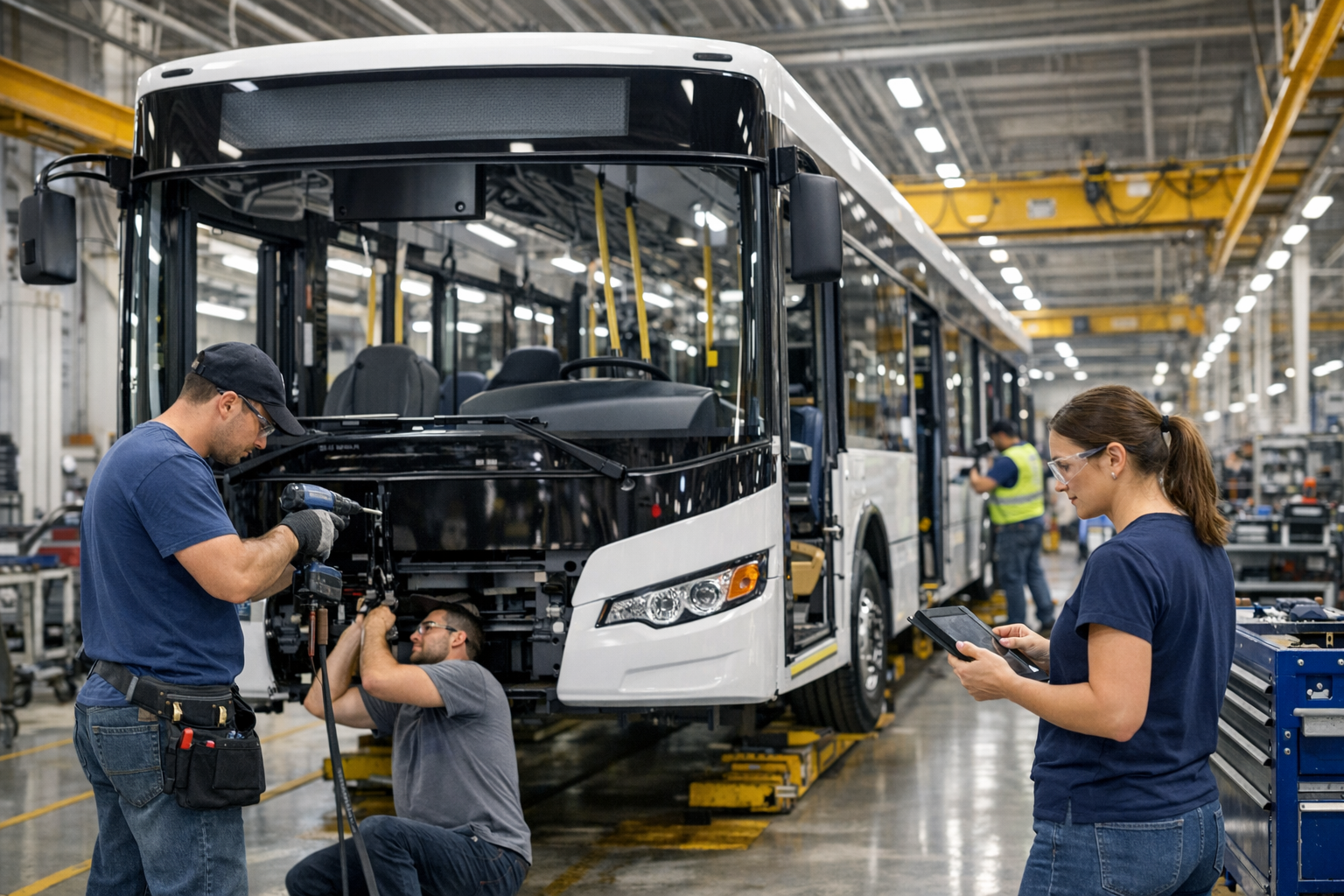 People assembling a bus