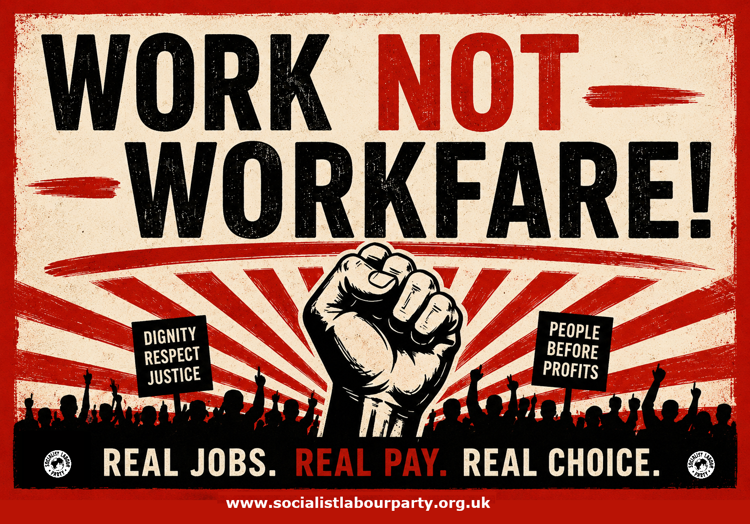 Poster saying no to workfare